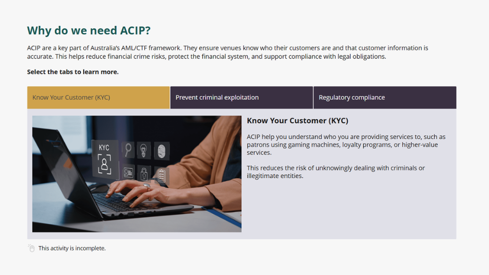 Screensot 2 of Applicable Customer Identification Procedures (ACIP) online course 