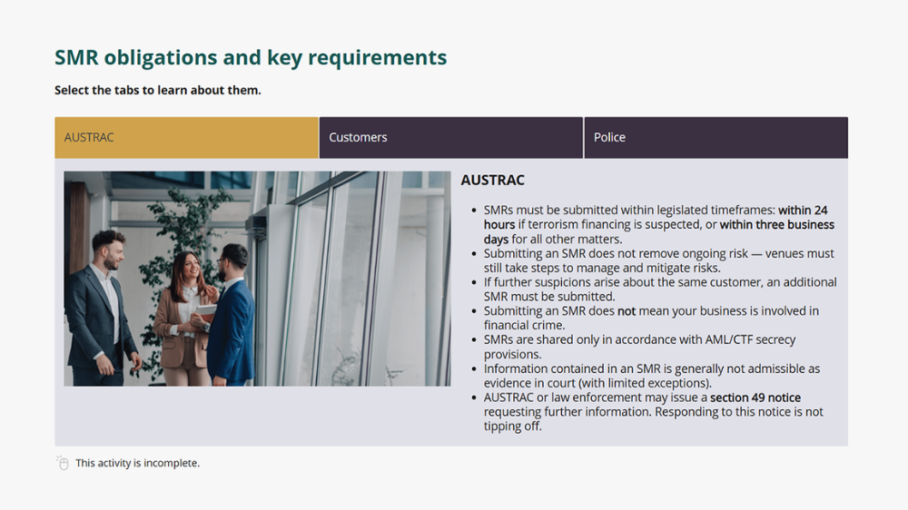 Screensot 3 of Suspicious Matter Reporting online course 