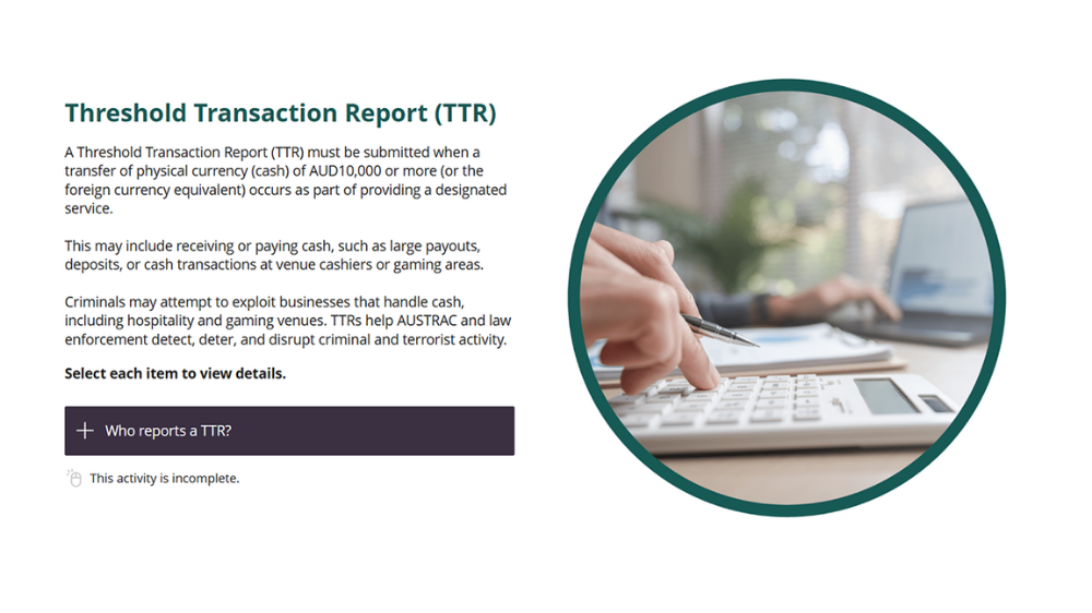 Screensot 2 of Threshold Transaction Reports (TTRs) online course 