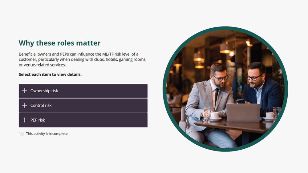 Screensot 2 of Beneficial Owners and Politically Exposed Persons (PEPs) online course 